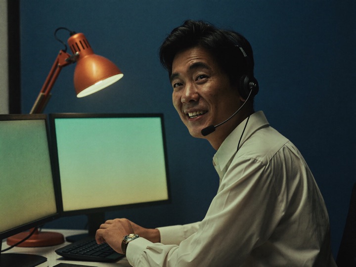 A support agent in a headset at a desk in a quiet operations room