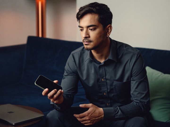 A man in a collared shirt on a sofa, a plain phone in one hand and a laptop closed beside him