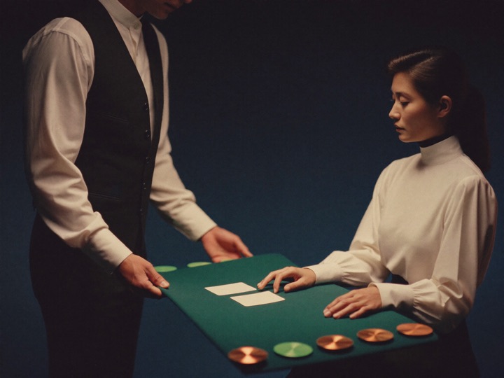 A seated guest and a dealer both looking down at a hand of cards on the felt